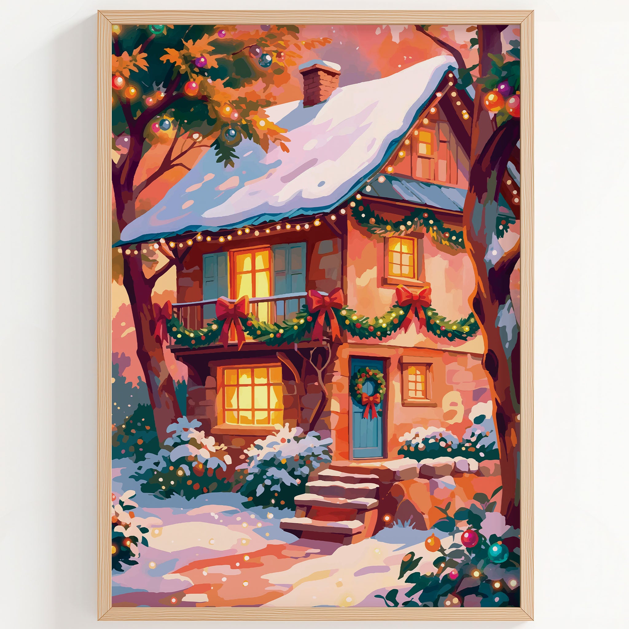 Close-up of a vibrant Christmas house illustration — a cosy two-storey cottage with teal door, teal window shutters, red ribbon bows and pine garland draping every level, ornament-hung tree branches, and warm candlelit windows in a snowy pink-sky evening scene