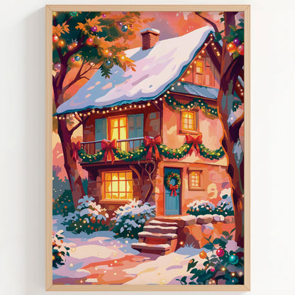 Close-up of a vibrant Christmas house illustration — a cosy two-storey cottage with teal door, teal window shutters, red ribbon bows and pine garland draping every level, ornament-hung tree branches, and warm candlelit windows in a snowy pink-sky evening scene