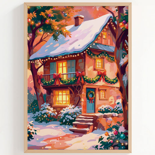 Close-up of a vibrant Christmas house illustration — a cosy two-storey cottage with teal door, teal window shutters, red ribbon bows and pine garland draping every level, ornament-hung tree branches, and warm candlelit windows in a snowy pink-sky evening scene