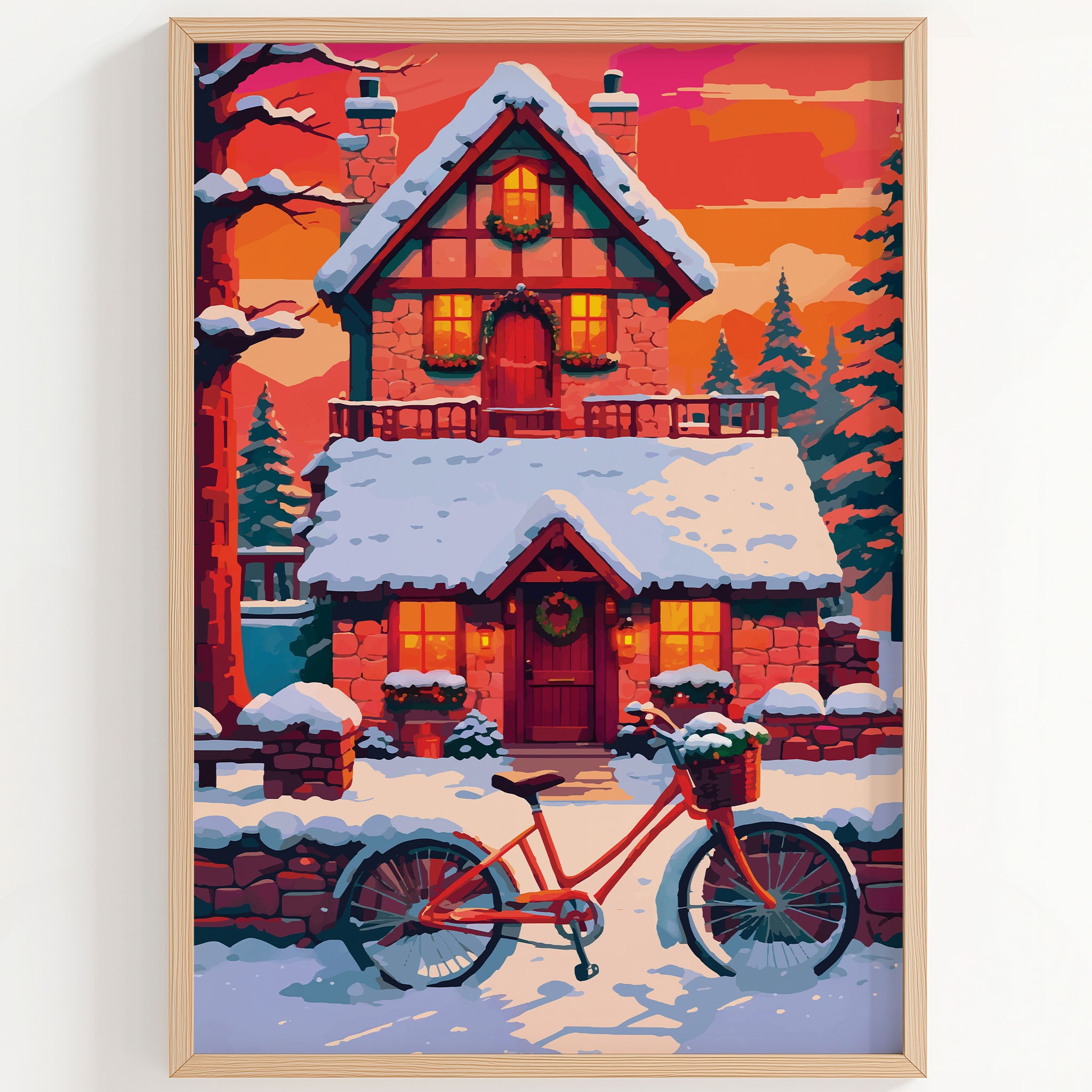 Bold illustrated Christmas village wall art with a snow-covered red stone cottage glowing with warm amber windows, a red bicycle with a flower basket in the foreground, Christmas wreaths on the doors, and teal pine trees under a vivid orange and magenta sunset sky