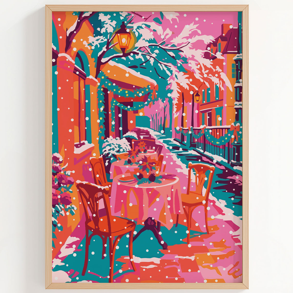 Kitchen or dining room wall art showing a snowy café table with pink linen, holiday garland, and a city street receding into the distance.