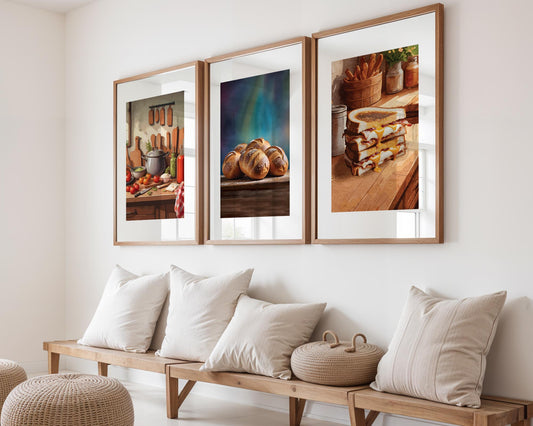Set of 3 printable kitchen wall art prints featuring a rustic cooking scene with fresh vegetables, golden chocolate-stuffed buns on a wooden table, and a stack of gooey grilled cheese sandwiches, perfect for adding warmth and flavour to your kitchen or dining space