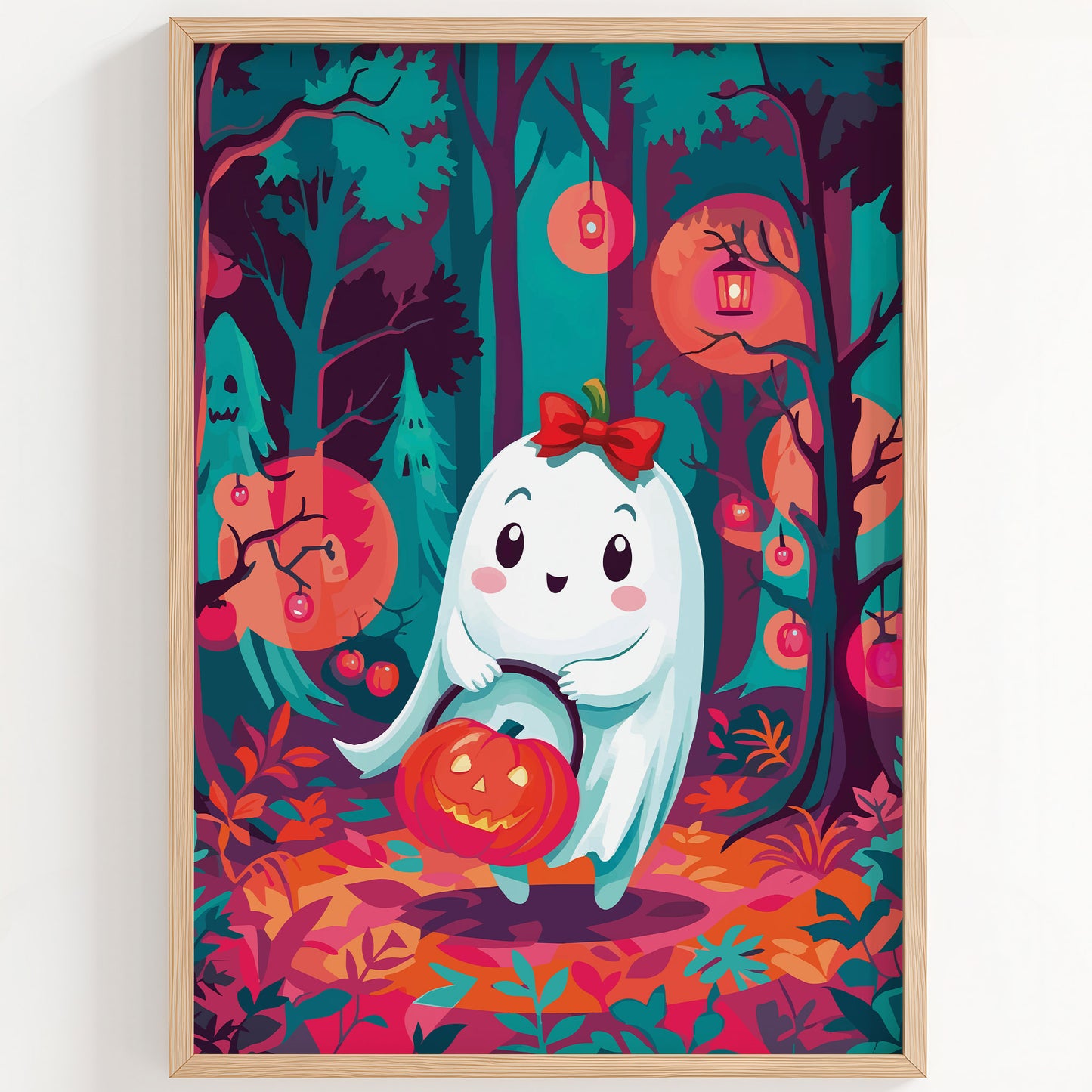 Bold illustrated Halloween wall art with an adorable kawaii ghost wearing a red bow, carrying a jack-o-lantern trick-or-treat bucket through a teal enchanted forest with glowing orange moons and hanging lanterns