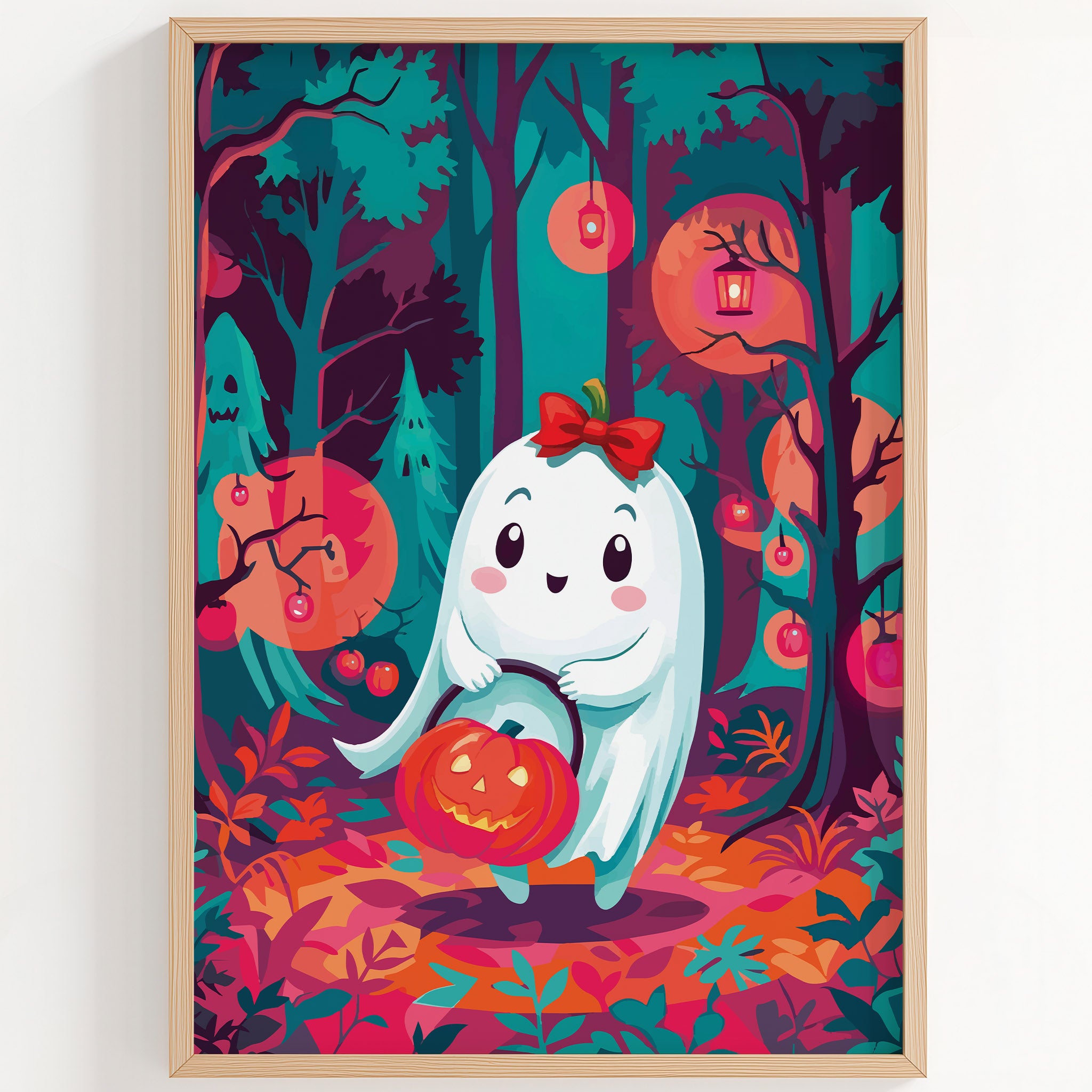Bold illustrated Halloween wall art with an adorable kawaii ghost wearing a red bow, carrying a jack-o-lantern trick-or-treat bucket through a teal enchanted forest with glowing orange moons and hanging lanterns