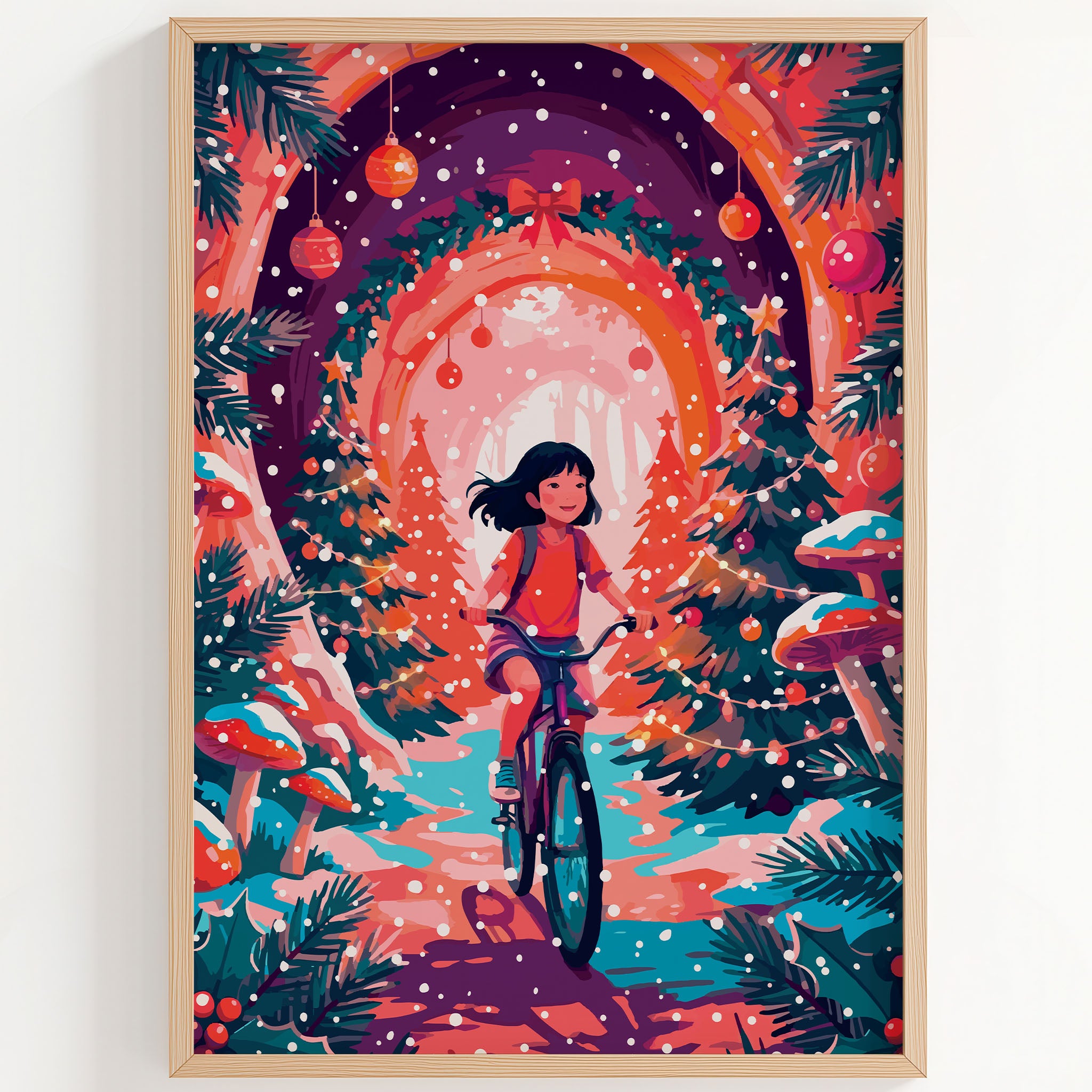 Close-up of a whimsical Christmas adventure print — a girl with wind-swept hair rides a teal bicycle through a glowing archway of decorated Christmas trees, surrounded by red cap mushrooms dusted in snow, hanging baubles, and twinkling fairy lights in a rich teal and coral forest