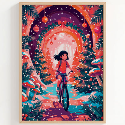 Close-up of a whimsical Christmas adventure print — a girl with wind-swept hair rides a teal bicycle through a glowing archway of decorated Christmas trees, surrounded by red cap mushrooms dusted in snow, hanging baubles, and twinkling fairy lights in a rich teal and coral forest