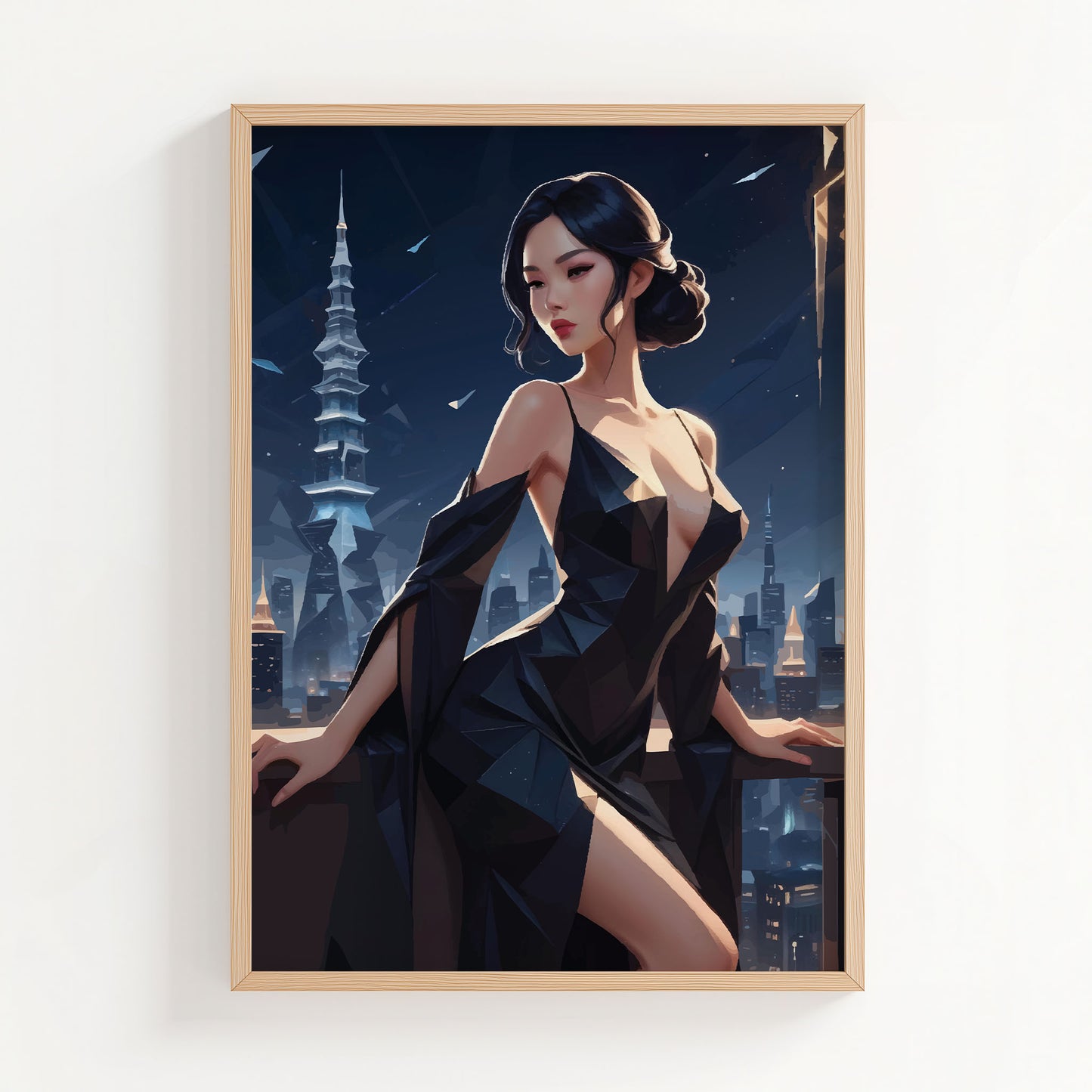 Elegant digital wall art of a woman in a sleek black dress posing on a balcony overlooking a futuristic city skyline at night