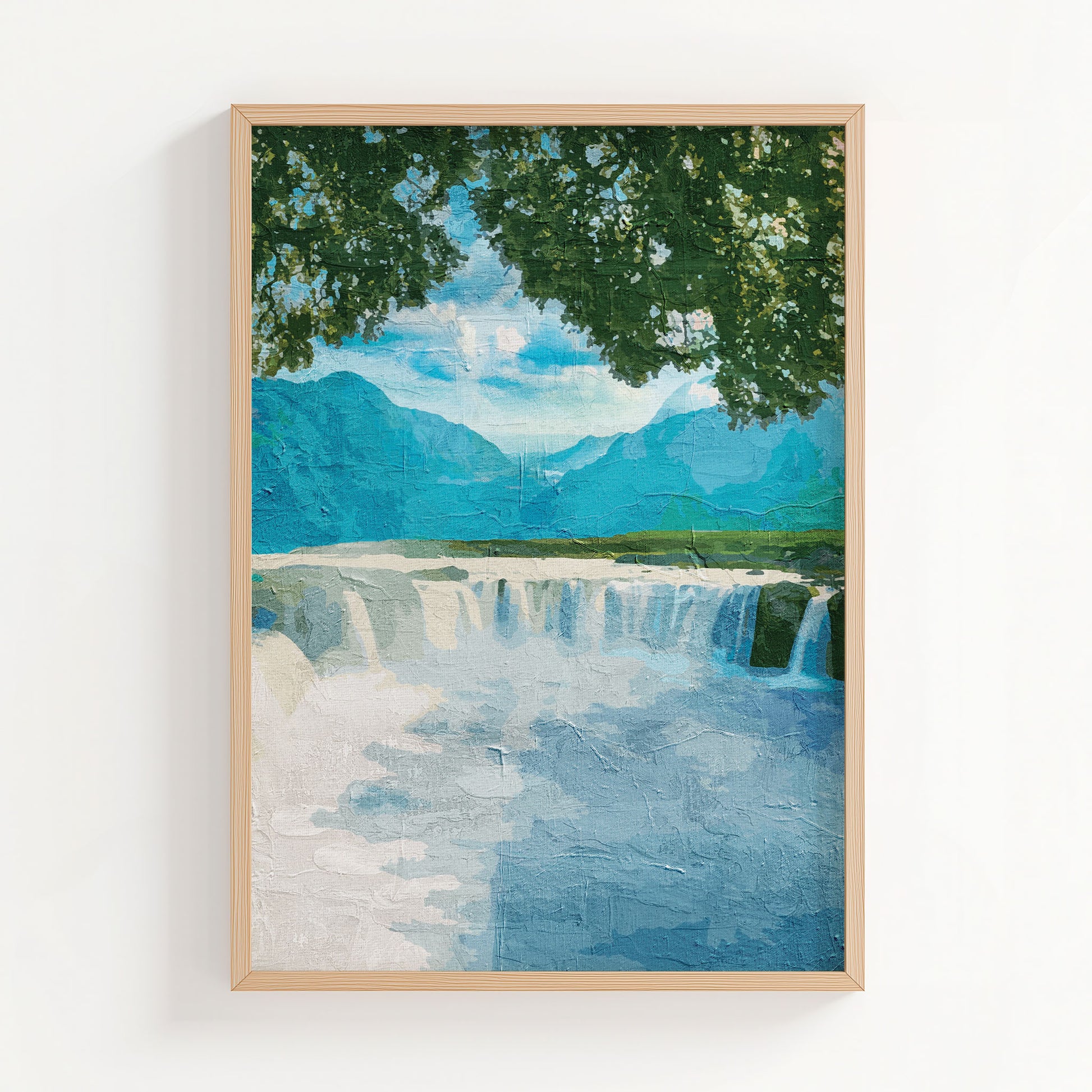 Tranquil waterfall wall art featuring a wide, gentle cascade framed by leafy tree branches, with distant blue mountains and a peaceful sky creating a calming nature scene