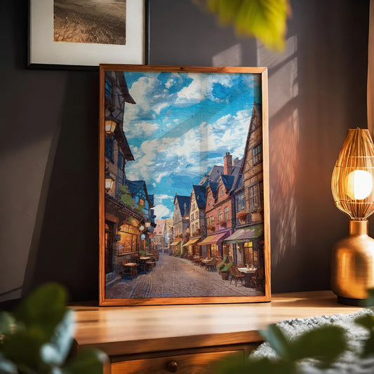 Charming European Street Scene Oil Painting