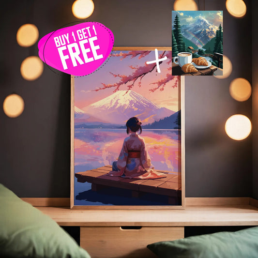 Bundle deal printable wall art, Buy 1 Get 1 Free offer featuring a serene scene of a woman in a kimono gazing at Mount Fuji during sunset, paired with a cosy mountain view artwork of coffee and croissants on a balcony
