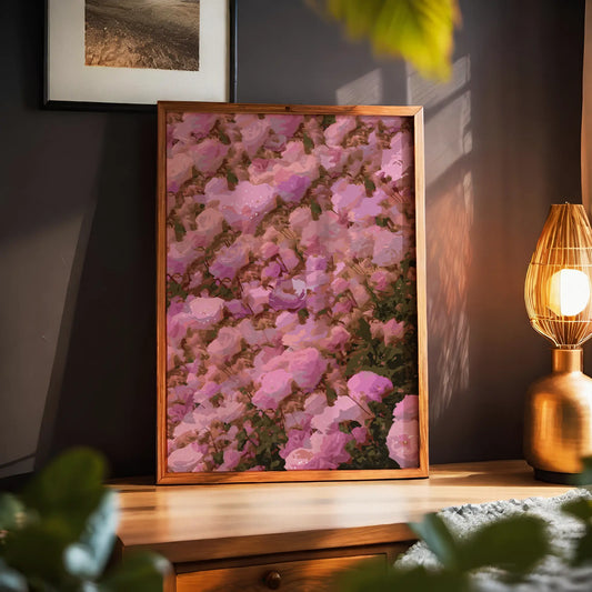Impressionist-style pink floral printable wall art featuring a dense bloom of roses in soft and vivid pink tones, ideal for romantic interiors, bedroom decor, or floral-themed spaces.