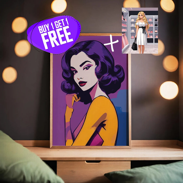 Buy 1 Get 1 Free printable wall art bundle featuring a bold pop art portrait of a confident woman with retro vibes in purple and gold tones, paired with a chic fashion illustration of a blonde woman in a white dress shopping in a stylish boutique
