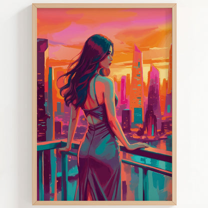 City Sunset - Woman in Blue Dress Print