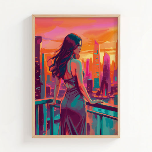City Sunset - Woman in Blue Dress Print