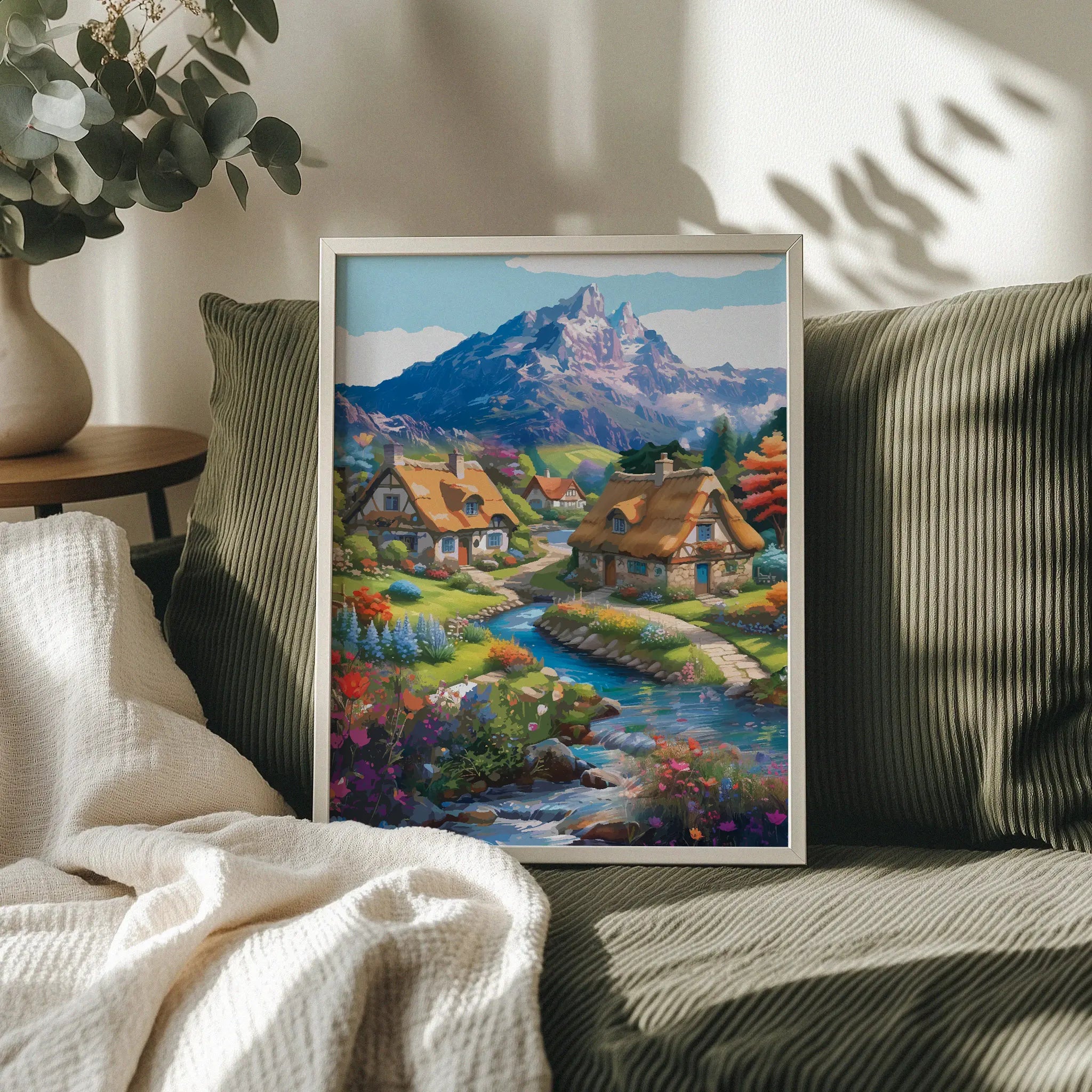 Whimsical cottagecore printable wall art featuring thatched-roof cottages beside a winding stream, colorful flower gardens, and majestic snow-capped mountains in the background under a bright sky - perfect for fairytale, nature-inspired, or countryside home decor.