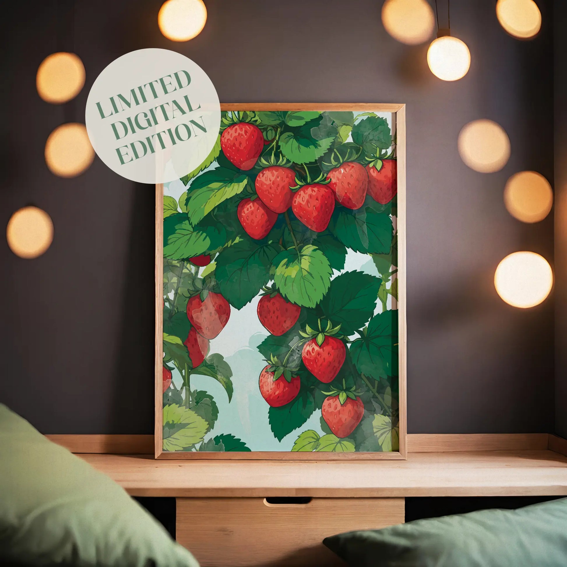 Printable wall art featuring vibrant red strawberries growing among lush green leaves on a sunny day, illustrated in a botanical style, perfect for kitchen, garden, or farmhouse-themed decor