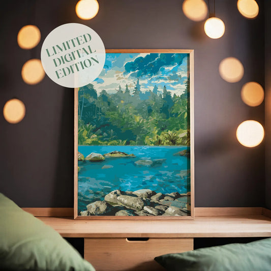 Tropical river wall art featuring crystal-clear turquoise water flowing over smooth rocks, surrounded by lush green jungle and tall trees, with sunrays streaming through a partly cloudy sky.