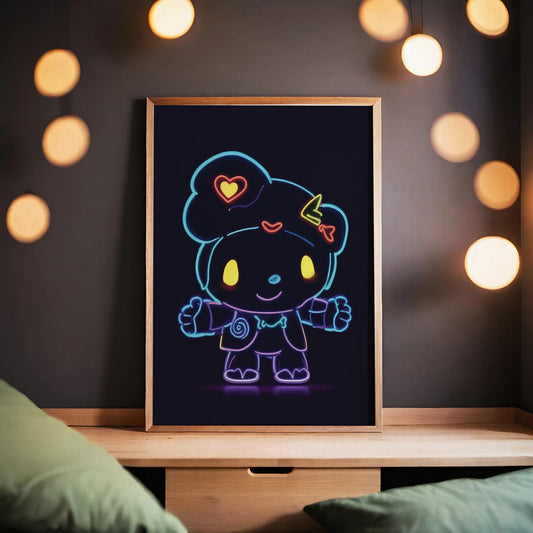 Cute neon character illustration with glowing outlines and heart-shaped details, vibrant kawaii-style gaming wall art perfect for kids, gamers, and pop culture fans