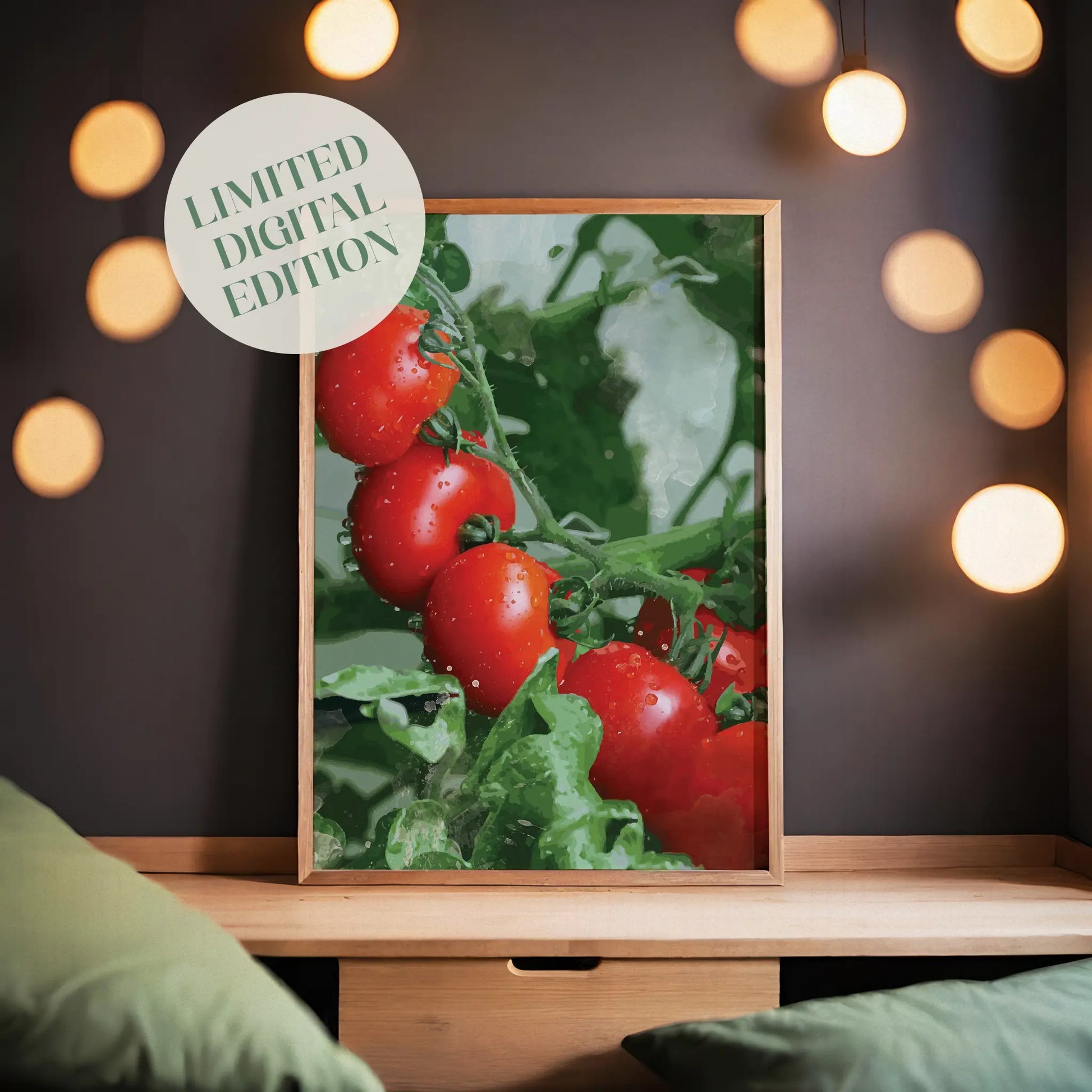 Printable wall art of vibrant red tomatoes on the vine with water droplets, set against lush green foliage, ideal for kitchen decor or farmhouse-themed interiors