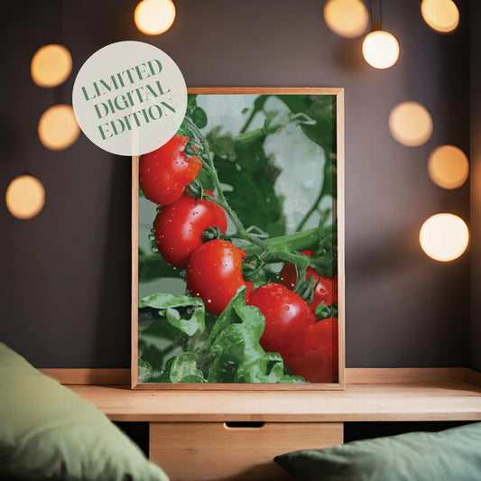 Printable wall art of vibrant red tomatoes on the vine with water droplets, set against lush green foliage, ideal for kitchen decor or farmhouse-themed interiors