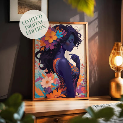 Bold and colorful printable wall art of a dark-skinned woman in profile, adorned with vivid flowers in her hair and dress, set against a vibrant floral backdrop, perfect for modern, empowering, and artistic decor themes