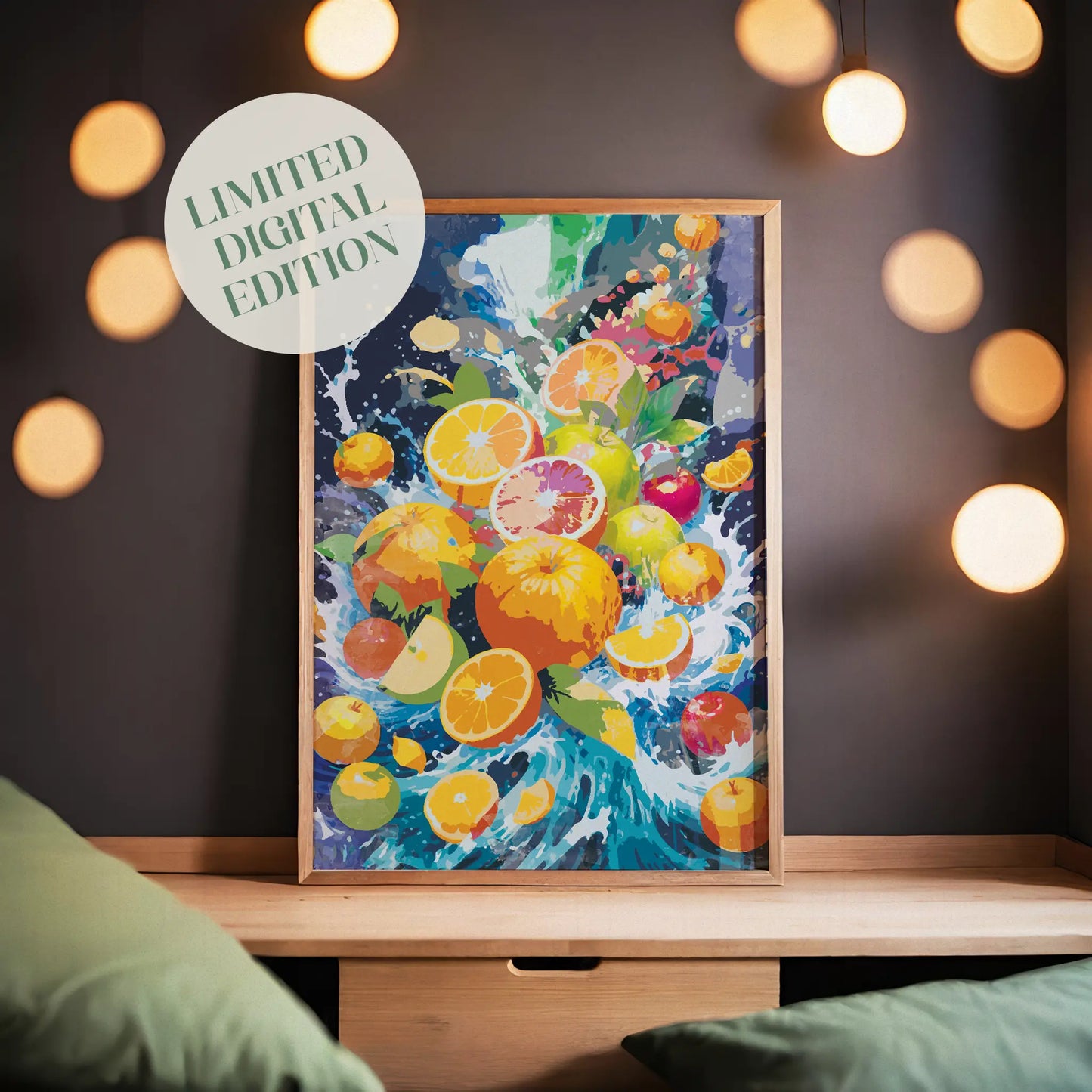 Printable wall art featuring a vibrant explosion of citrus and orchard fruits like oranges, lemons, grapefruits, apples, and limes splashing through colorful water, perfect for kitchen, juice bar, or bold fruit-themed decor