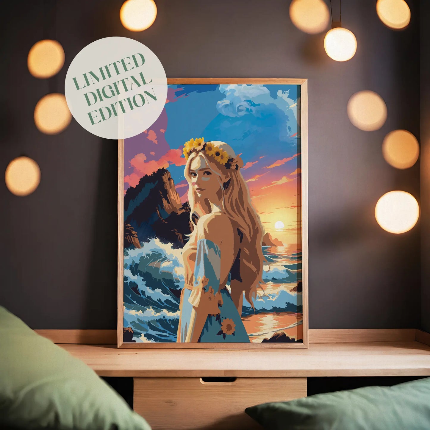 Vibrant printable wall art featuring a blonde woman with sunflowers in her hair standing by the ocean, set against dramatic waves, rocky cliffs, and a glowing sunset sky, perfect for adding a bold, romantic coastal vibe to any space
