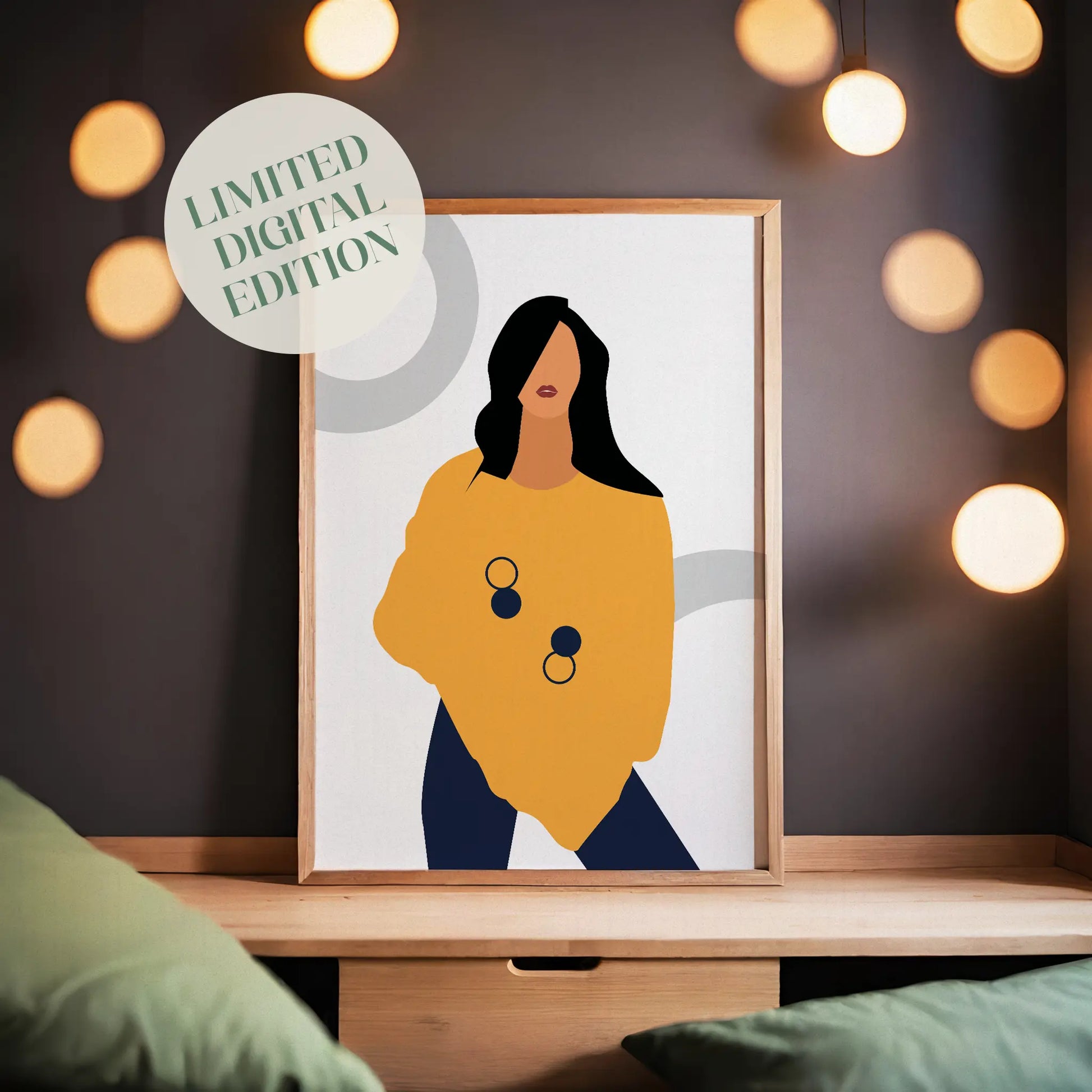 Modern minimalist portrait of a stylish woman in a bold yellow top with circular design elements, contrasted against a soft neutral background, trendy printable wall art for fashion-forward interiors.