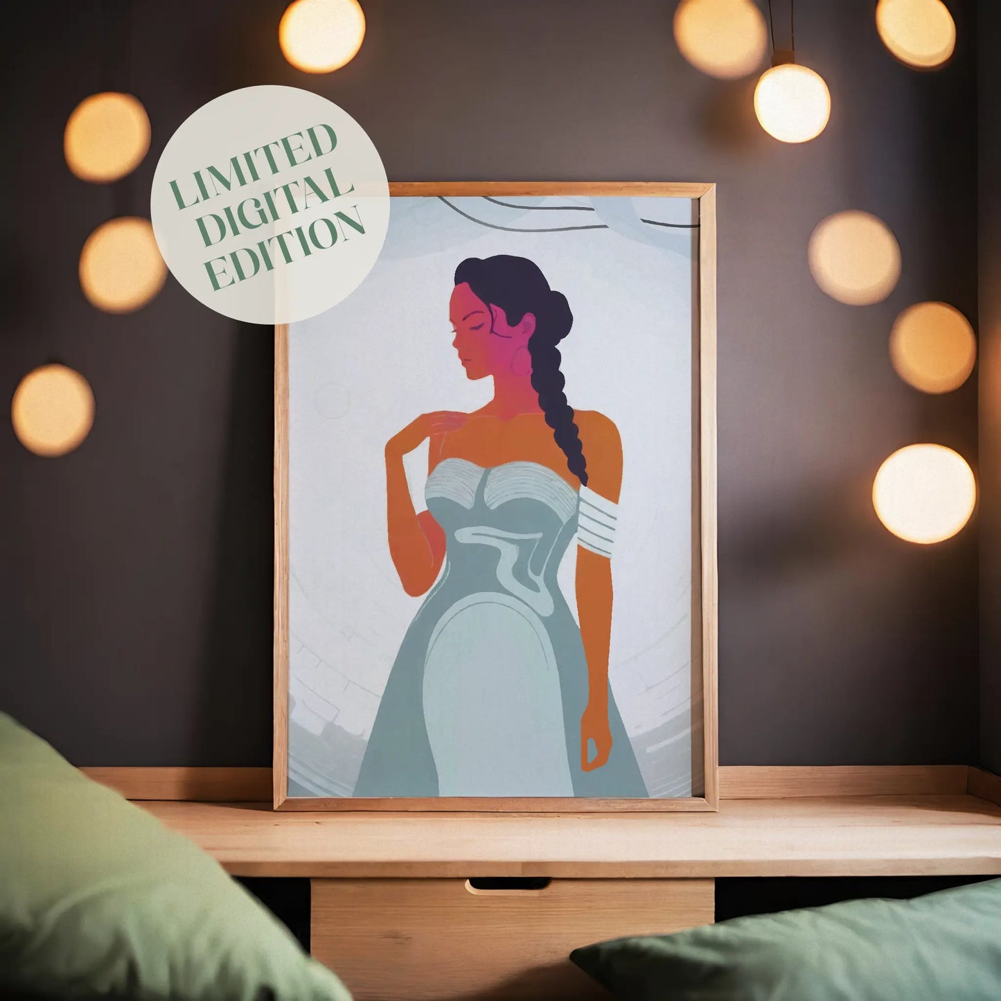 Minimalist illustration of a poised woman in a flowing strapless gown with braided hair, captured in bold, contrasting colors, empowering and modern fashion wall art for stylish interiors.