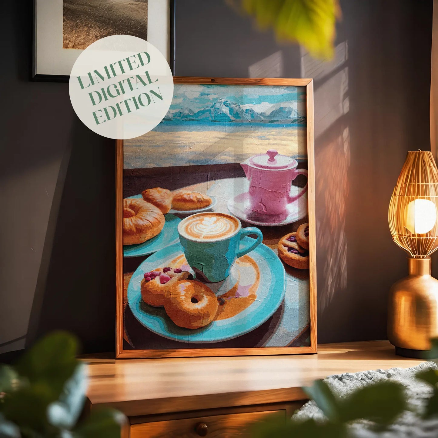 Printable wall art of a charming breakfast scene with a blue coffee cup, pink teapot, assorted pastries, and donuts on colorful plates, set against a scenic backdrop of mountains and water, perfect for kitchen or café-inspired decor.