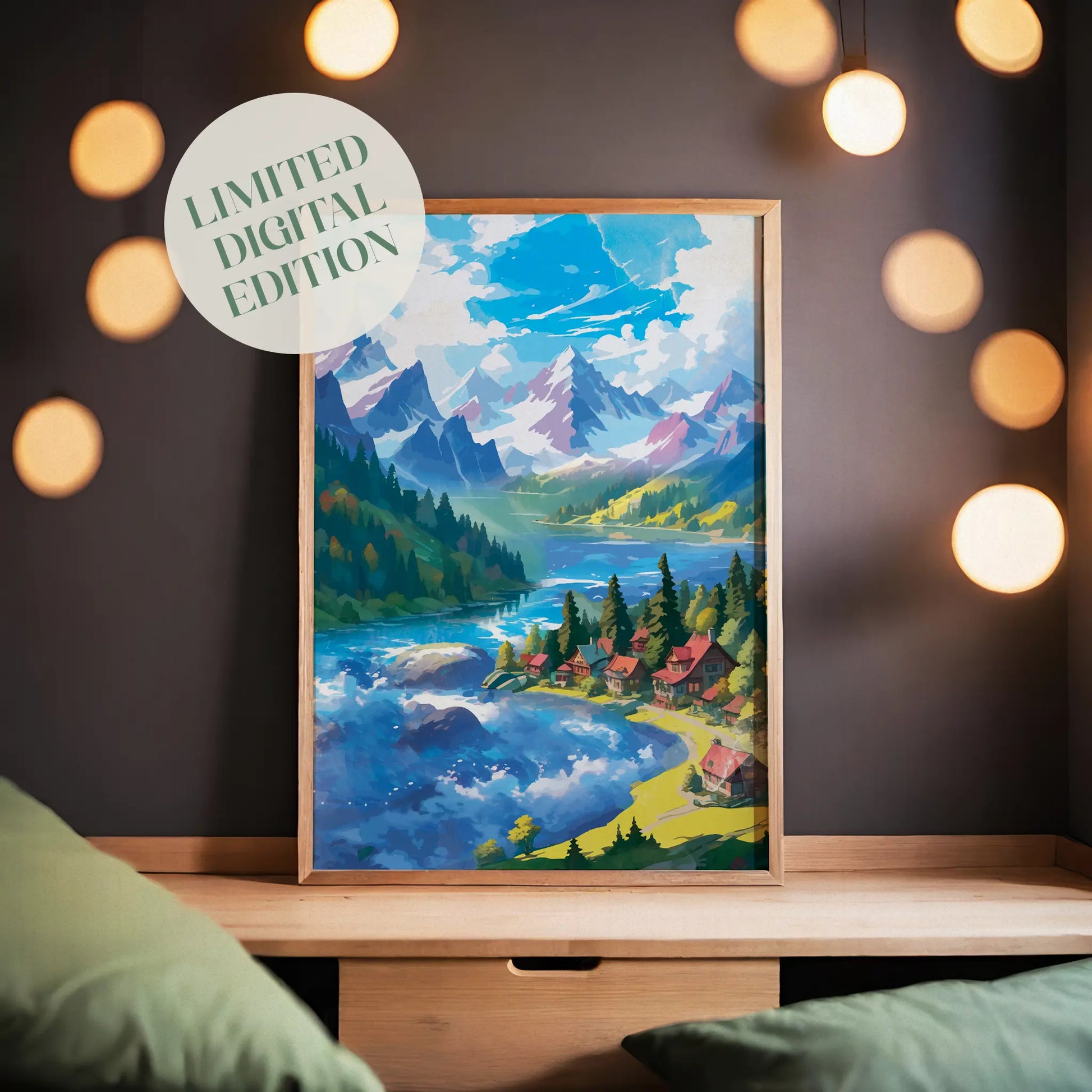 Majestic mountain lake printable wall art featuring a row of cozy red-roofed cabins nestled among pine trees beside a vibrant blue river, with dramatic snow-capped peaks and a bright sky overhead - perfect for alpine, nature retreat, or outdoor adventure-themed decor