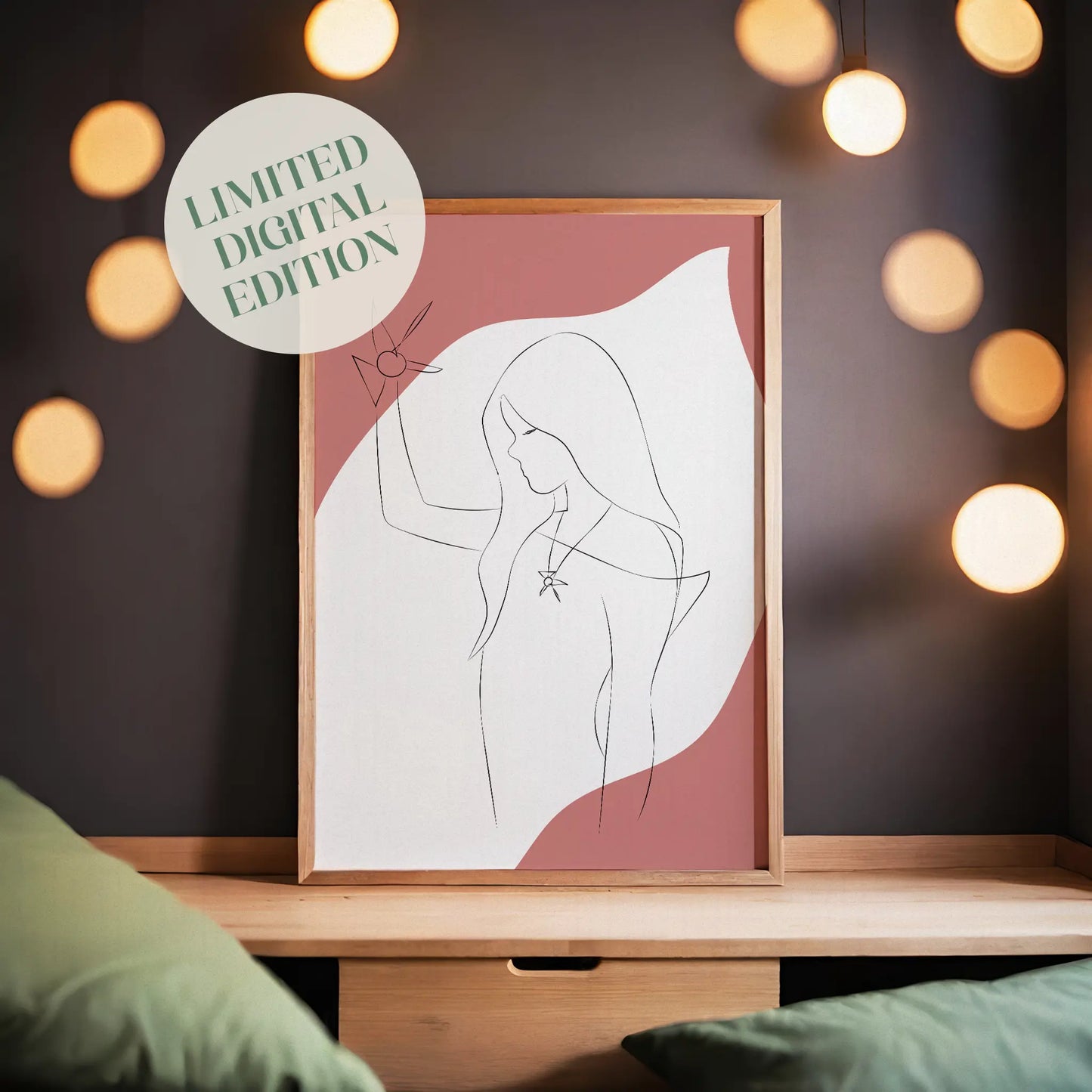 Elegant minimalist line art of a woman holding a geometric star, with long flowing hair and pendant necklace, set against a pink and white abstract background, ideal for modern and feminine decor