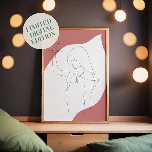 Elegant minimalist line art of a woman holding a geometric star, with long flowing hair and pendant necklace, set against a pink and white abstract background, ideal for modern and feminine decor