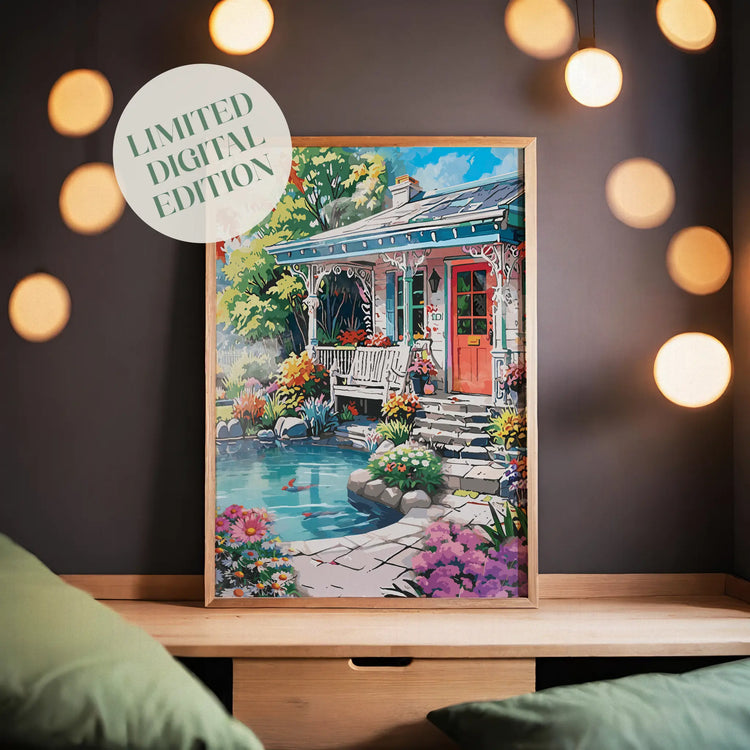 Charming garden cottage printable wall art featuring a cozy porch with a red door, white bench, and ornate trim, surrounded by blooming flowers and a koi pond under a bright blue sky - perfect for spring, floral, or cottagecore-inspired home decor