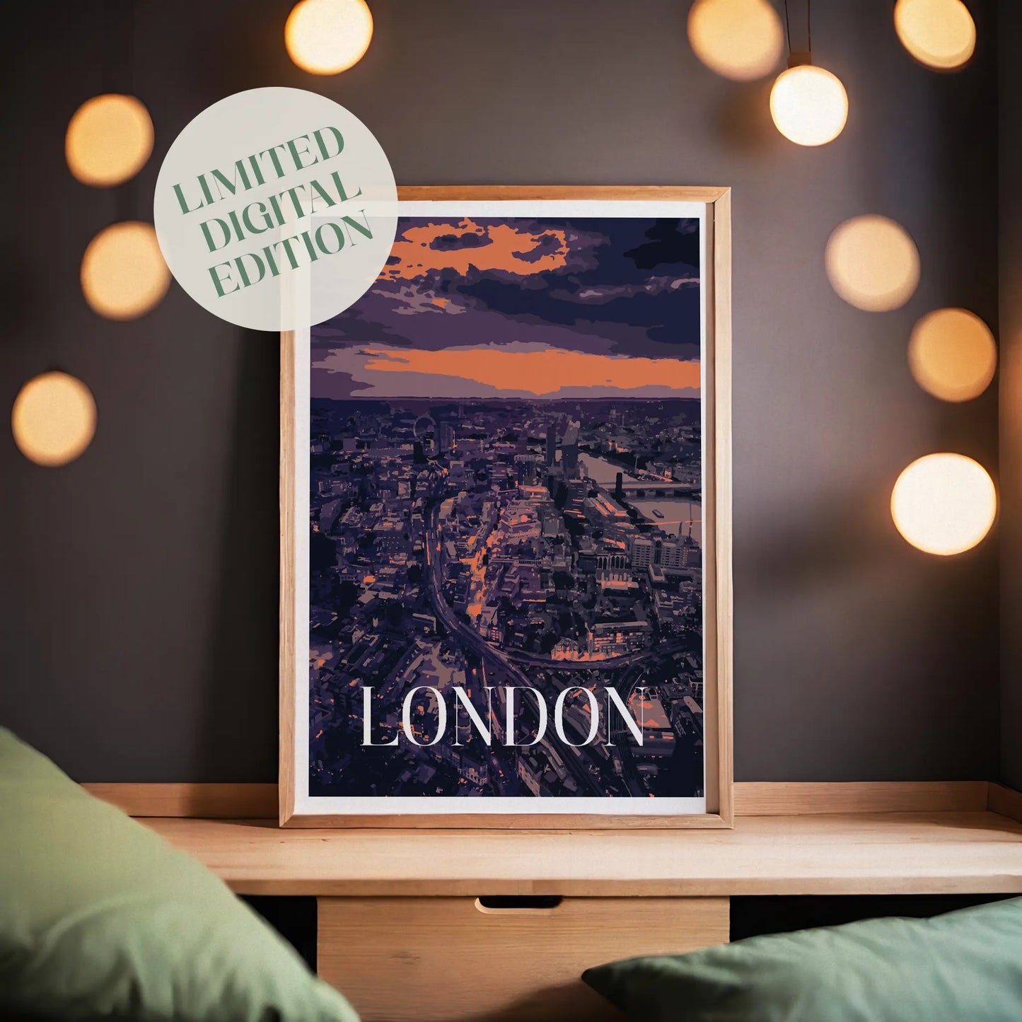 Modern London cityscape wall art featuring a moody aerial view of the city at sunset, with glowing orange and purple tones, iconic architecture, the River Thames, and bold 'LONDON' text at the bottom