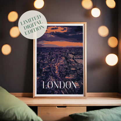 Modern London cityscape wall art featuring a moody aerial view of the city at sunset, with glowing orange and purple tones, iconic architecture, the River Thames, and bold 'LONDON' text at the bottom