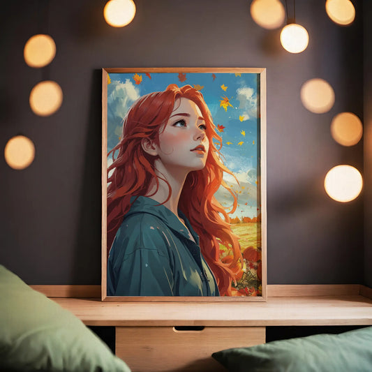Autumn-themed printable wall art featuring a red-haired woman gazing upward as fall leaves swirl around her, set against a vibrant blue sky and golden fields, ideal for seasonal and cozy home decor