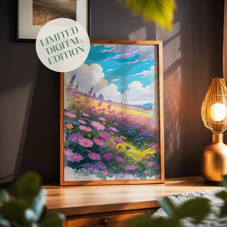 Vibrant printable wall art of a dreamy wildflower field in full bloom, featuring purple, pink, and blue blossoms under a bright blue sky with fluffy clouds, evoking warmth, joy, and a touch of whimsy