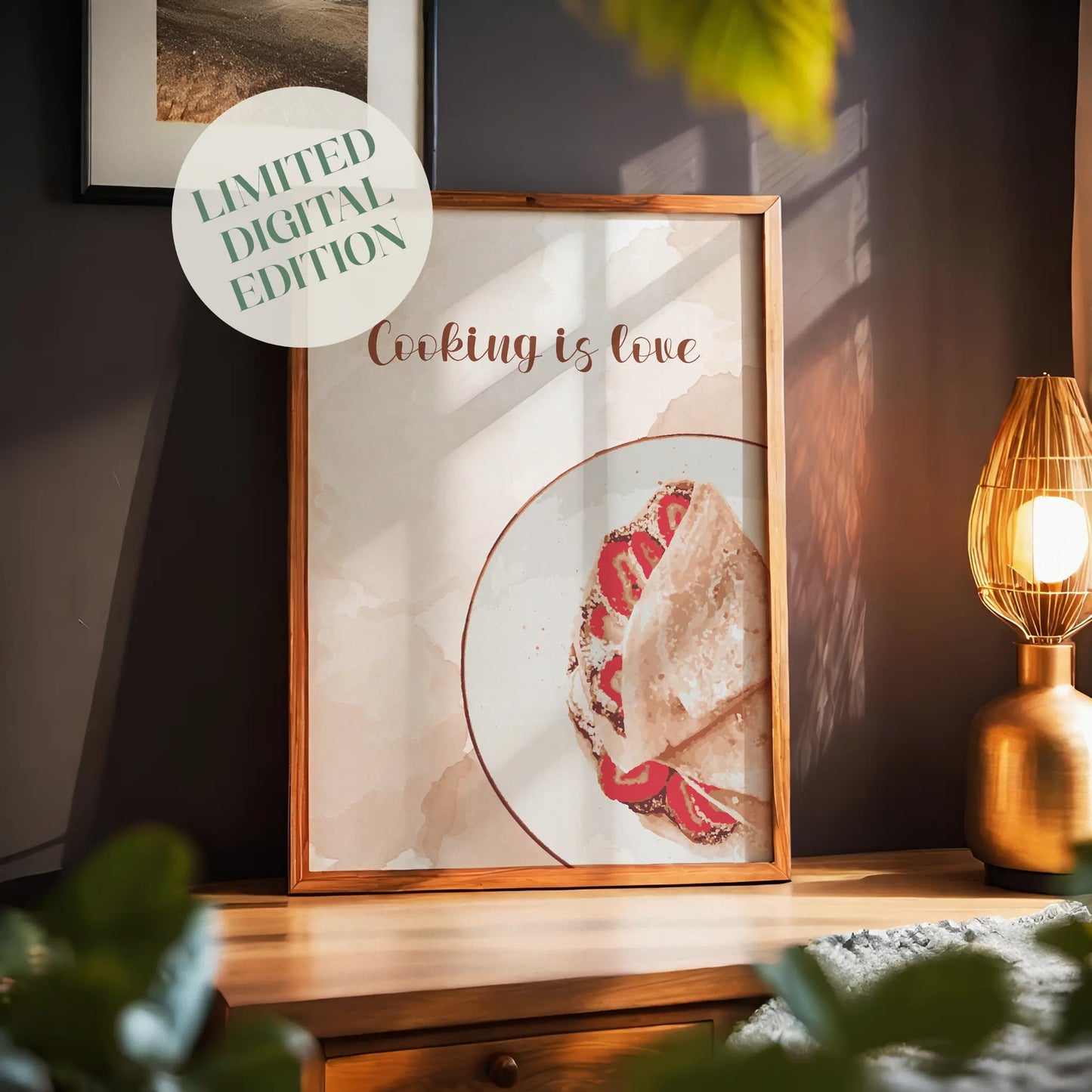 Minimalist kitchen wall art featuring a crepe with fresh strawberries on a white plate and the hand-lettered phrase 'Cooking is love' in elegant script, ideal for adding warmth to any culinary space