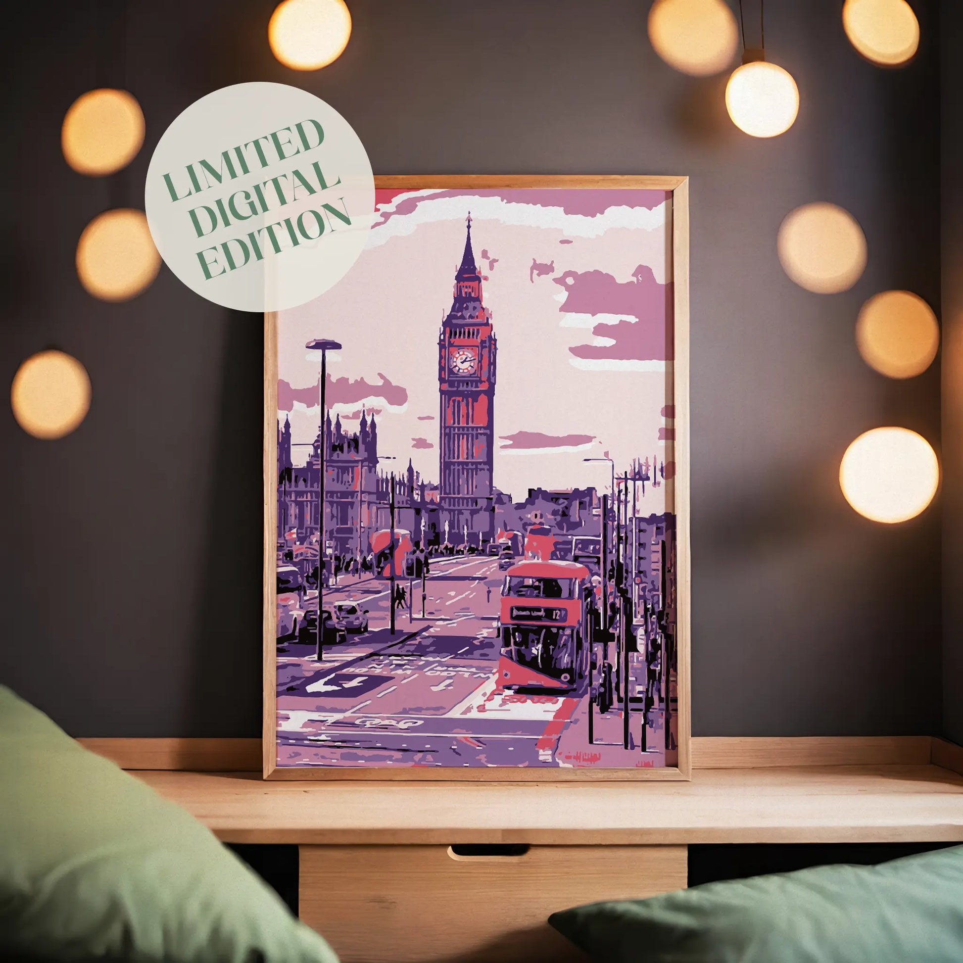 London cityscape wall art featuring the iconic Big Ben clock tower, double-decker red buses, and busy urban streets rendered in vibrant pink and purple tones under a stylized sky