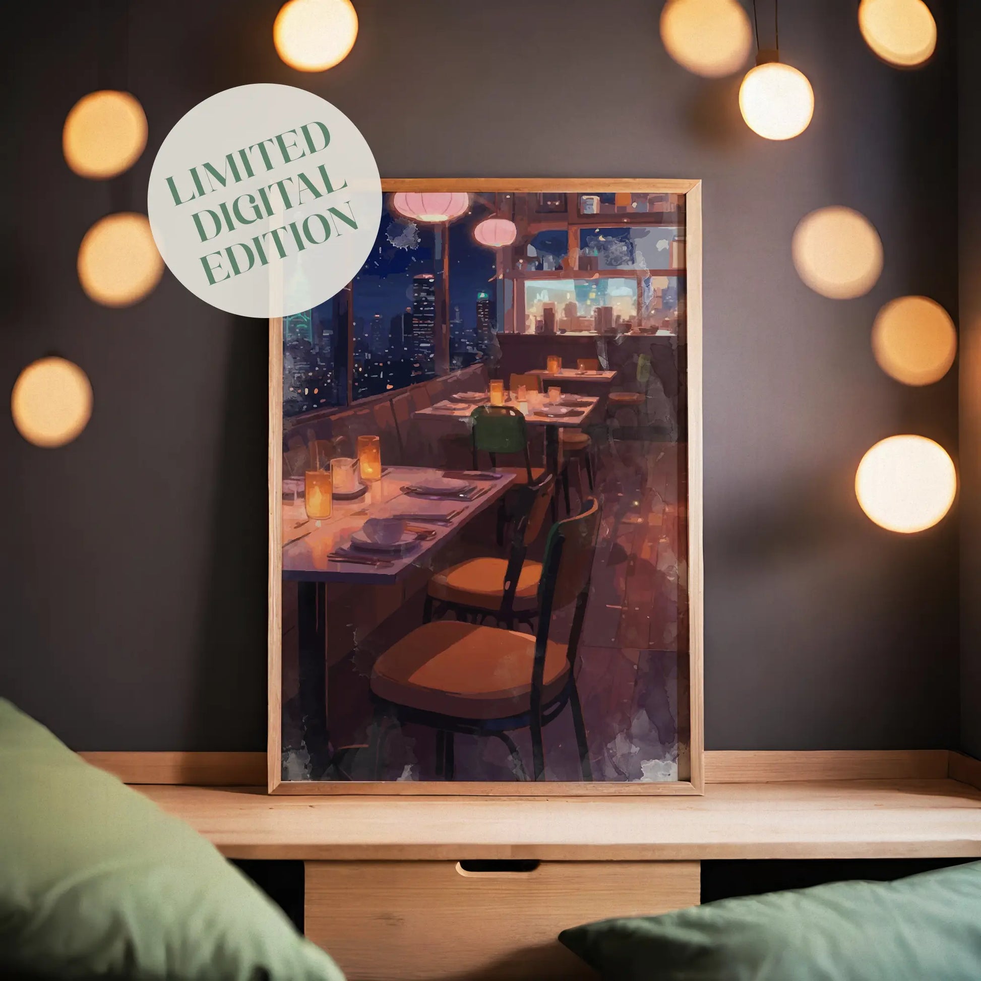 Atmospheric illustration of a cozy rooftop restaurant at night, with softly glowing candles on set tables and warm lantern lights hanging above. Large windows reveal a breathtaking city skyline with illuminated skyscrapers, creating a romantic and serene urban dining mood.