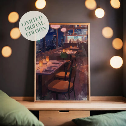 Atmospheric illustration of a cozy rooftop restaurant at night, with softly glowing candles on set tables and warm lantern lights hanging above. Large windows reveal a breathtaking city skyline with illuminated skyscrapers, creating a romantic and serene urban dining mood.