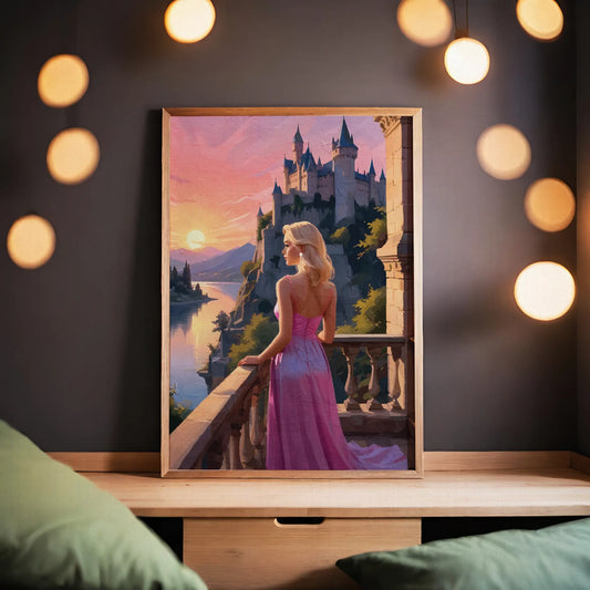 Romantic fantasy wall art featuring an elegant woman in a flowing pink gown standing on a stone balcony at sunset. She overlooks a glowing river valley and a majestic castle perched on a cliff, surrounded by pastel skies, soft golden light, and distant mountains, creating a dreamy fairytale atmosphere. Digital Download. Printable Wall Art.