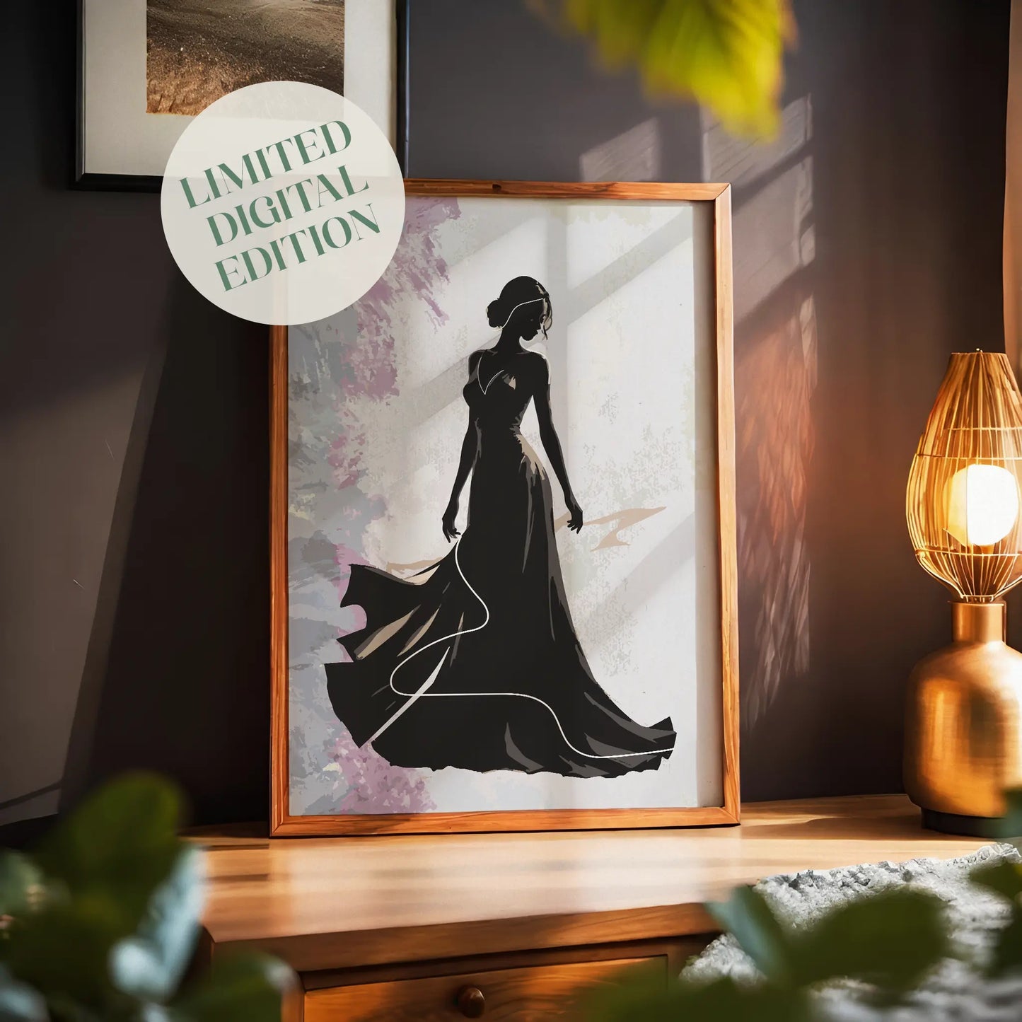 Elegant silhouette of a woman in a flowing evening gown, captured in a graceful pose against a textured abstract background, sophisticated fashion-inspired wall art for modern interiors or dressing rooms.
