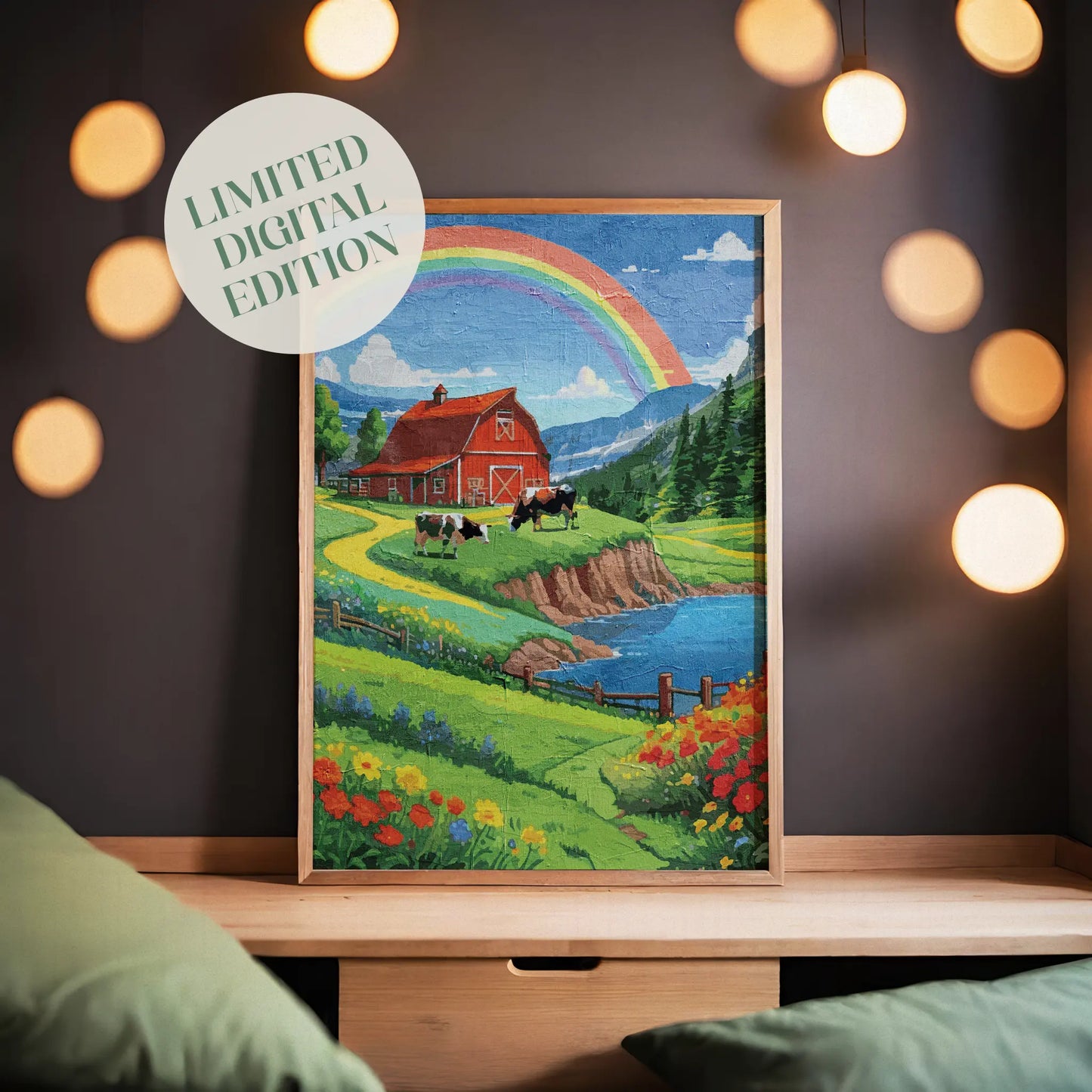 Charming countryside printable wall art featuring a vibrant red barn, grazing cows, colorful wildflowers, and a winding path beside a sparkling lake, all under a bright rainbow arching across a blue sky - perfect for farmhouse, cottagecore, or rural-themed decor