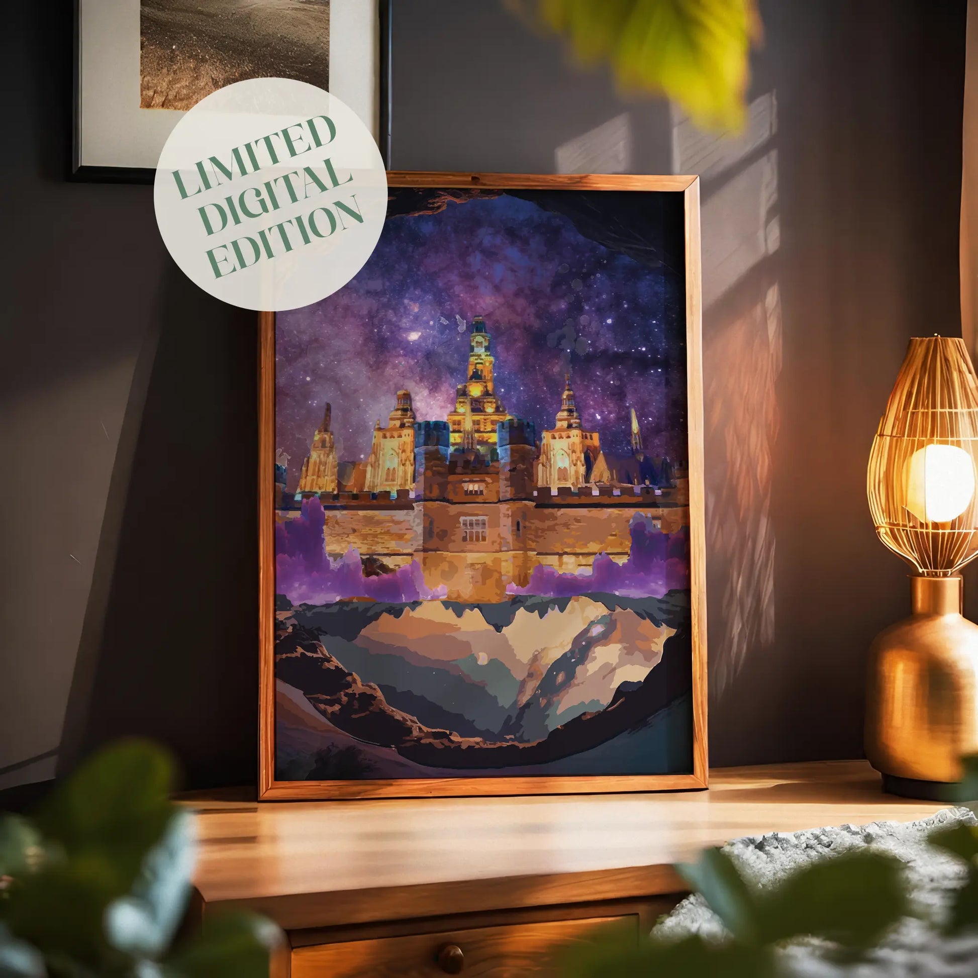 Fantasy castle wall art featuring a glowing golden fortress illuminated under a starry galaxy sky, framed by rocky cave edges and surrounded by mystical purple crystal formations and surreal mountain terrain