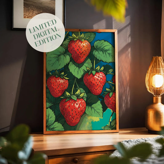 Printable wall art featuring vibrant red strawberries growing on lush green vines against a bold, colorful background, perfect for kitchen, farmhouse, or fruit-themed decor