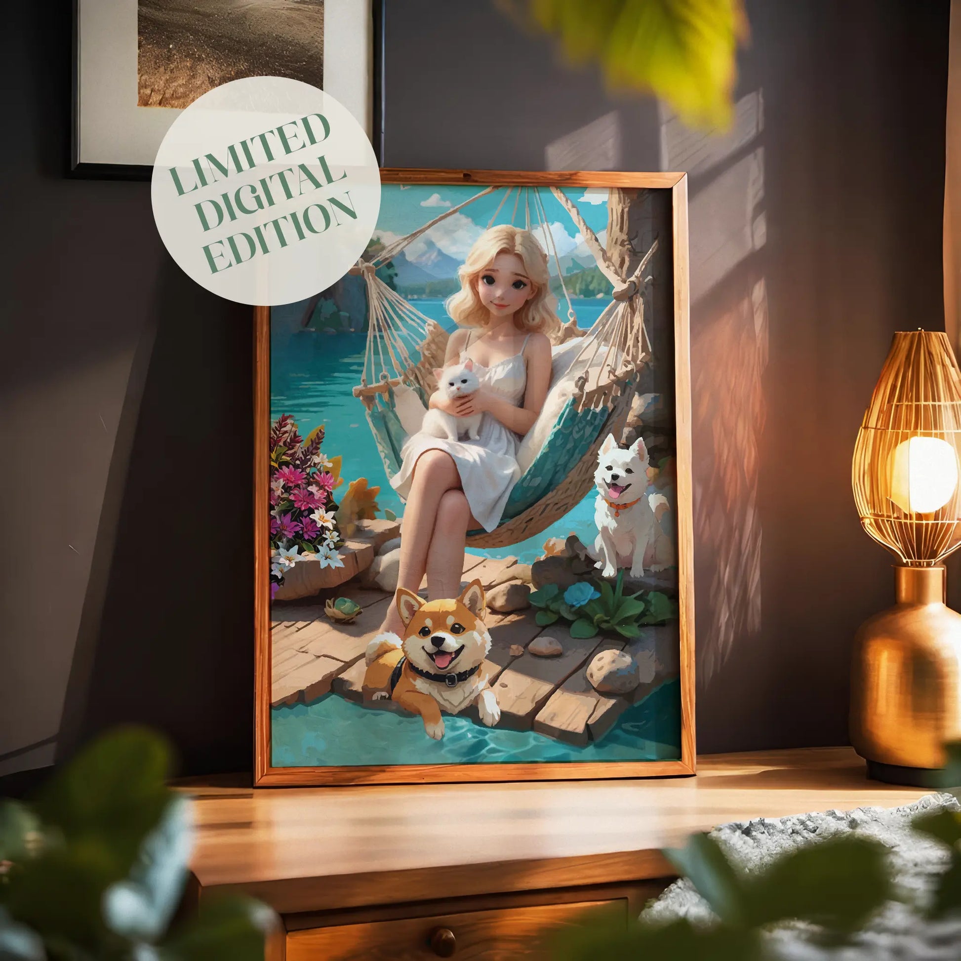 Whimsical printable wall art of a blonde woman in a white dress relaxing in a hammock by a turquoise lake, holding a white kitten, with two cheerful dogs nearby, vibrant flowers, and serene mountain scenery in the background.