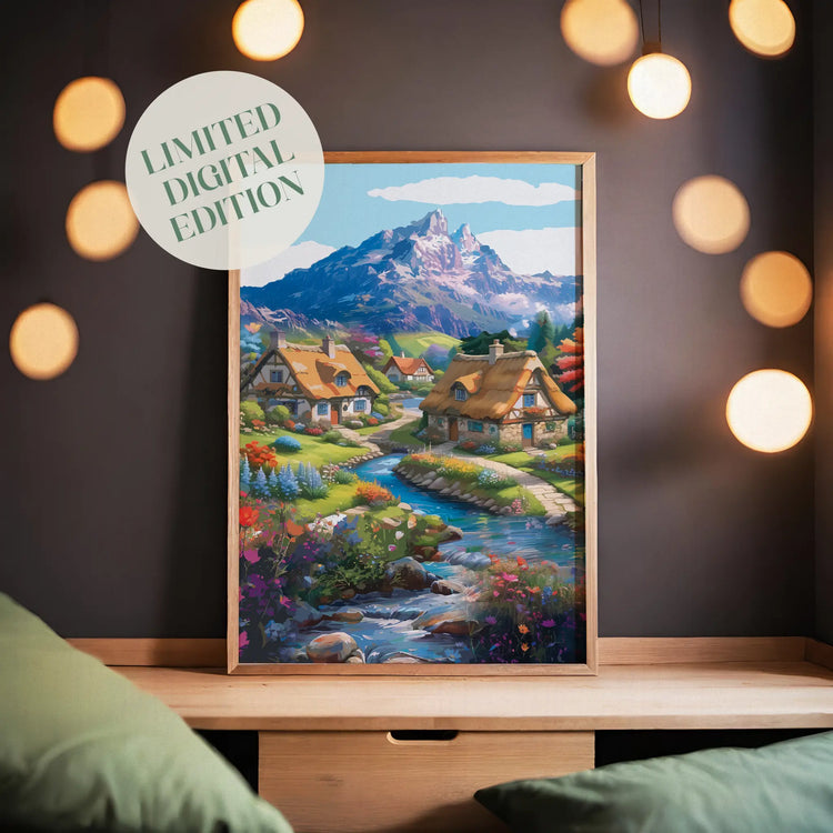 Whimsical cottagecore printable wall art featuring thatched-roof cottages beside a winding stream, colorful flower gardens, and majestic snow-capped mountains in the background under a bright sky - perfect for fairytale, nature-inspired, or countryside home decor.