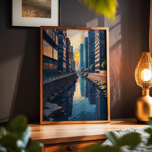 Digital painting of a serene urban canal at sunset, surrounded by tall glass buildings with warm reflections - modern printable wall art perfect for cityscape lovers and contemporary interiors